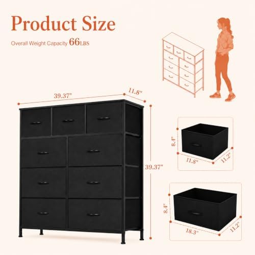 9-Compartment Storage Cabinet with Fabric Bins and Steel Frame, Black