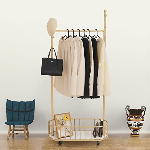 Gold Clothing Rack with Wheels Rolling Clothes Rack with Storage Basket Metal...