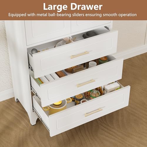 Polup 75" Tall White Metal Pantry Storage Cabinet with 3 Drawers