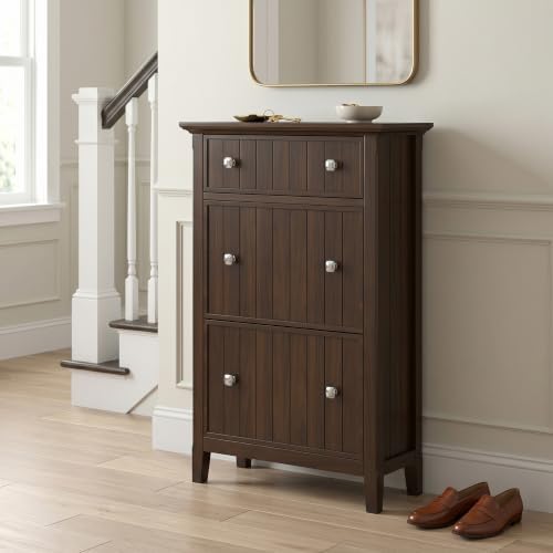 SIMPLIHOME Acadian 32" Wide Solid Wood Shoe Cabinet in Brunette Brown