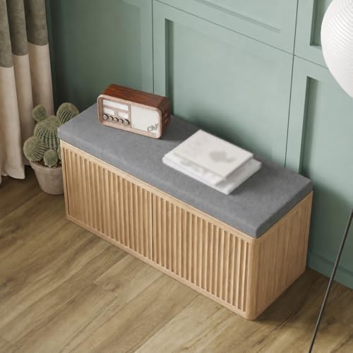 Shoe Bench with Cushion & Push-Open Doors,Double-Layered Storage,Oak