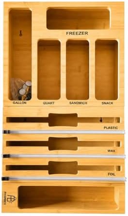 9-in-1 Bamboo Kitchen Drawer Organizer - Storage Bag Holder with Built-In Foi...