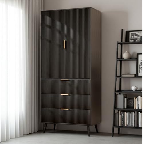 Fluted Tall Cabinet Kitchen Pantry with Adjustable Shelves, Black