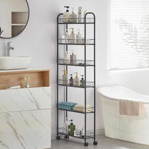 6in 6 Tier Slim Rolling Storage Cart,Mobile Shelving Unit with Wheels