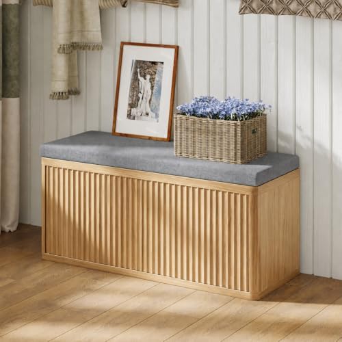 Shoe Bench with Cushion & Push-Open Doors,Double-Layered Storage,Oak