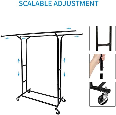 Fishat Black 60" H Heavy Duty Double Rod Rolling Clothes Garment Rack