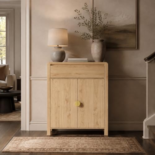 Natural Oak Shoe Storage Cabinet with Drawer, 2 Doors, Adjustable Shelves