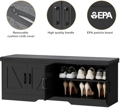 HOMSHO Farmhouse Shoe Storage Bench with 4 Barn Doors & Padded Seat Cushion