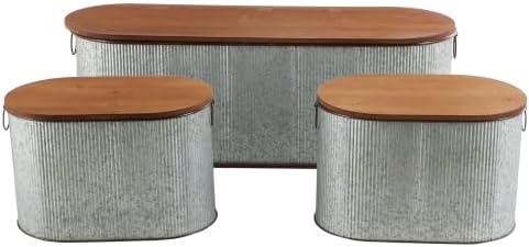 Deco 79 Metal Room Storage Bench Entryway Benches with Brown Wood Top, Set of...