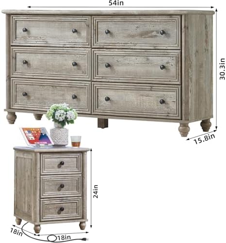 Farmhouse Dressers & Night Stand Set of 3, Wood 54'' Wide Dresser...