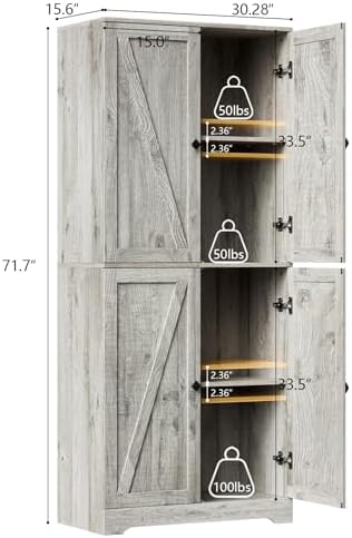 72" Tall Kitchen Pantry Cabinet/ Storage Cabinet with 4 Doors, 2PC, Grey