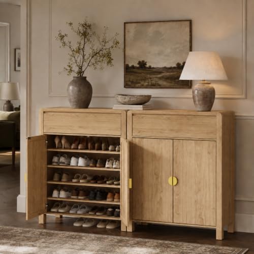 Natural Oak Shoe Storage Cabinet with Drawer, 2 Doors, Adjustable Shelves