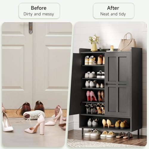 ONBRILL Shoe Cabinet with Cross Molding Doors, 6-Tier Shoe Storage(Black)