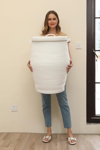 26"x20" Extra Large Tall Woven Laundry Basket with Lid, Cotton Rope...