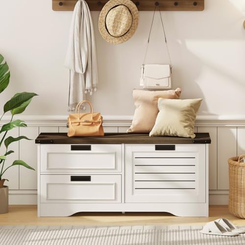 FATORRI Shoe Storage Bench with Flip Drawer, Wooden Entryway Bench, Modern Sh...