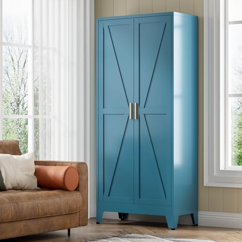 COFaR Home Farmhouse Storage Cabinet with Barn Door, Tall Kitchen Pantry Cupboard with Adjustable Shelves, for Dining Room, Bathroom, Living Room Blue.