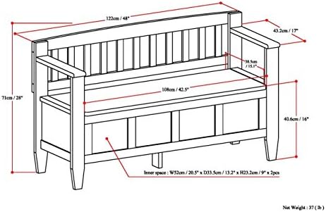 SIMPLIHOME Brooklyn 48" Wide Solid Wood Storage Bench in Saddle Brown