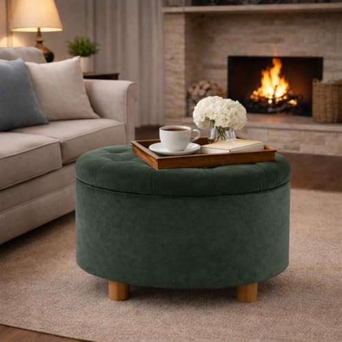 HomePop Home Decor | Large Button Tufted Velvet Round Storage Ottoman | Ottom...