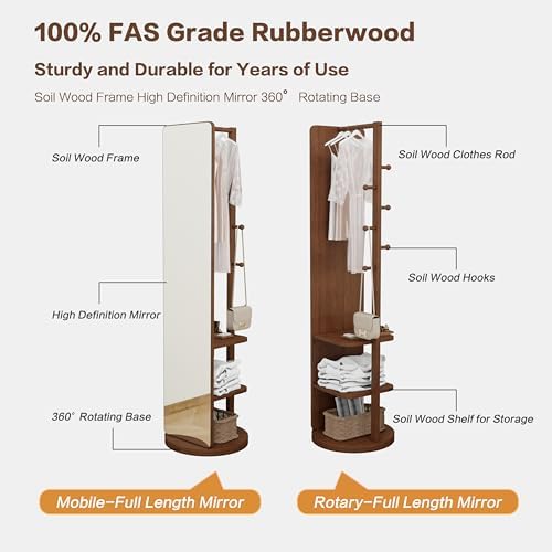 BOWEI Solid Wooden Coat Rack, Free Standing Coat Stand with Full Length mirro...