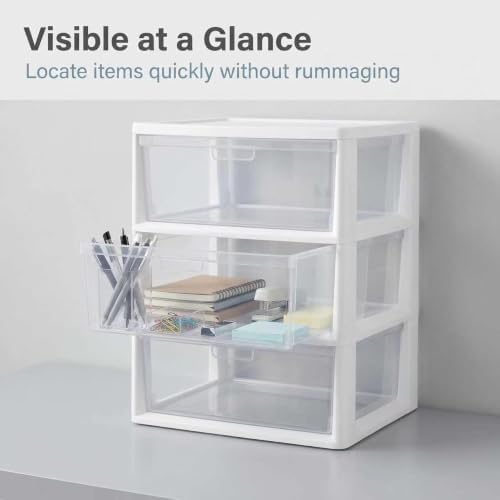 Wide 3 Drawer White Plastic Storage Tower with Clear Removable Bins