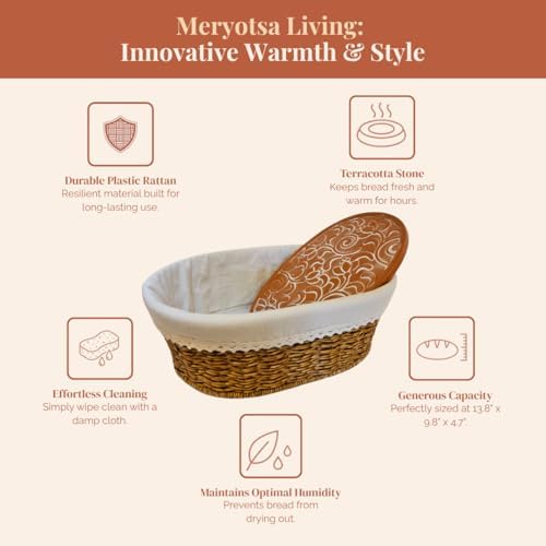 Bread Basket with Warmer – Woven Bread Basket with Terracotta Warming Stone, ...