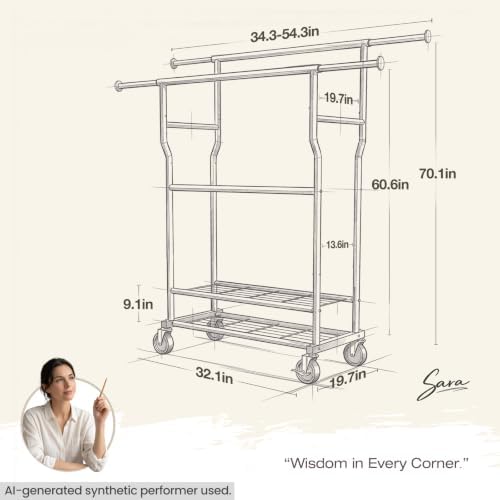 Heavy Duty Clothes Rack Load 960LBS, Adjustable Three Rods Rolling Garment Ra...