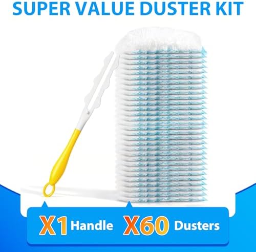 60 Count Duster Refill for Swiffer Duster with 1 Handle - 360° Multi-Surface Larger Size Feather Dusters, Disposable Duster Kit for Cleaning Home, Furniture, Blinds and Ceiling Fans