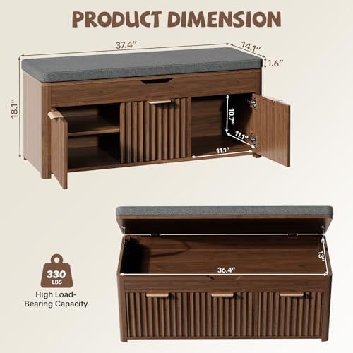 37.4" W Shoe Bench with Storage, Lift Top Entryway Bench, Walnut