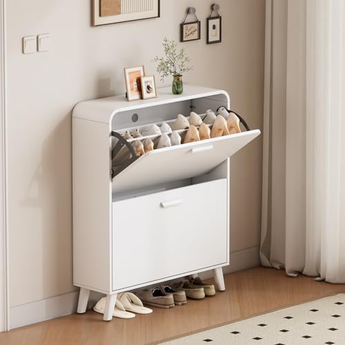 2 Tier Slim Shoe Cabinet with Flip Drawers, Entryway Shoe Storage