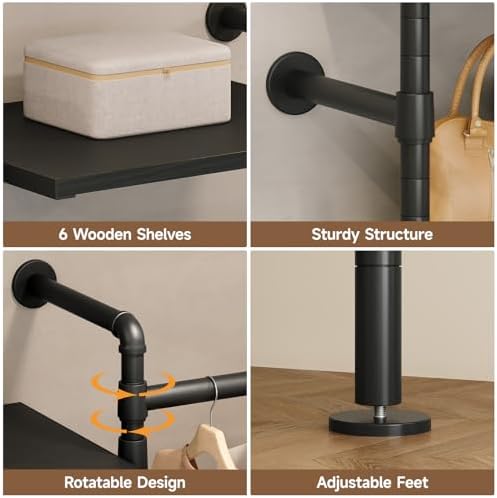 T1 Wall Mounted Closet System, Industrial Pipe Clothing Rack with 6 Wooden Sh...
