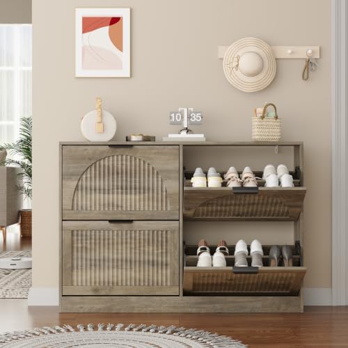Fluted Shoe Storage Cabinet for Entryway, 4 Flip Drawers, Grey