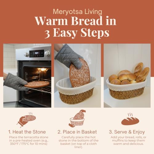 Bread Basket with Warmer – Woven Bread Basket with Terracotta Warming Stone, ...