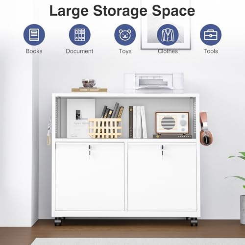 Metal File Cabinet,2 Drawer Lateral Filing Cabinet with Lock,Rolling Printer ...
