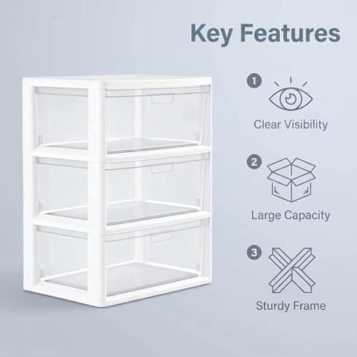 Wide 3 Drawer White Plastic Storage Tower with Clear Removable Bins