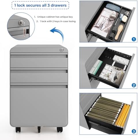 Dripex 3 Drawer Metal Rolling File Cabinet Under Desk Filing Cabinet Grey