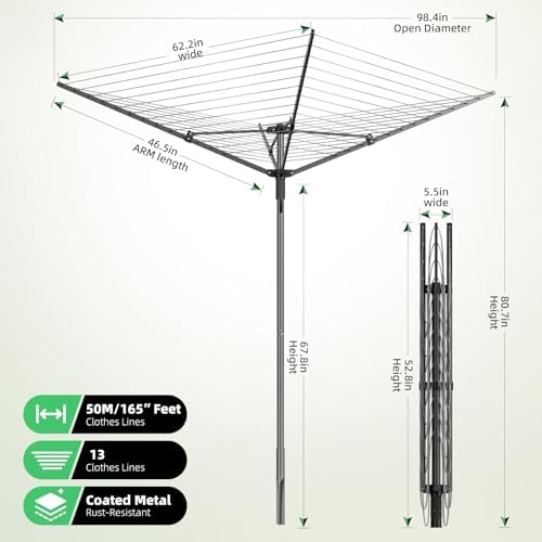 Heavy Duty Outdoor Umbrella Drying Rack, Rotating Height Adjustable Clothesli...