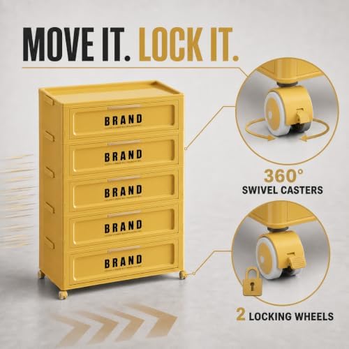 Foldable Storage Cabinet with Doors & Locking Wheels, 5-Tier Large-Capaci...