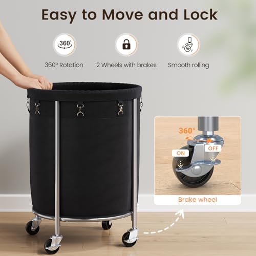 ELYKEN Laundry Basket with Wheels, Round Rolling Laundry Hamper, Black