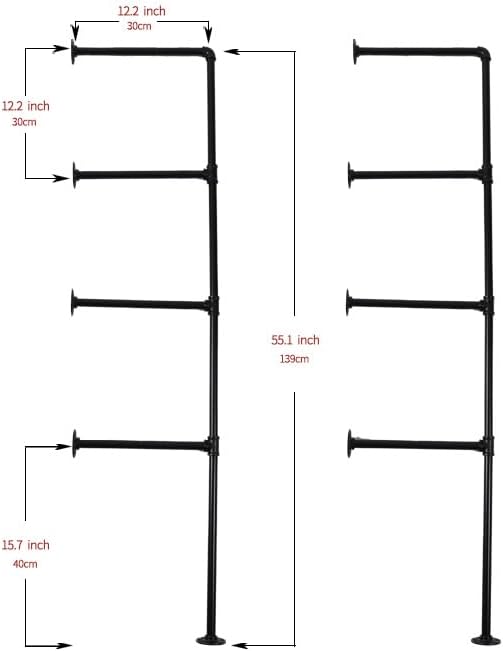 Industrial Pipe Shelving System with 4 Tiers, Black Iron Wall Mount, Floor to...