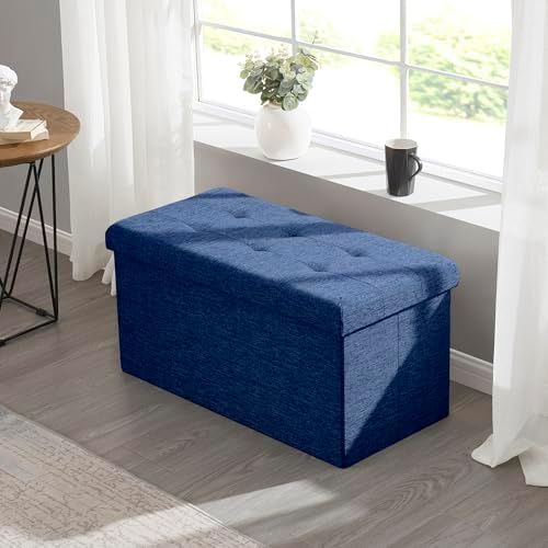 Ornavo Home 30 Inch Folding Storage Ottoman Bench, Tufted Linen, Navy Blue