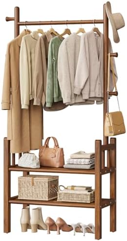 Solid Wood Clothing Rack with Shelves - Coat Rack Freestanding with 6 Hooks L...