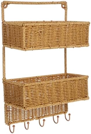 Angoily Woven Wall Mount 2-Tier Storage Sorter Basket with 5 Hooks Rattan Han...