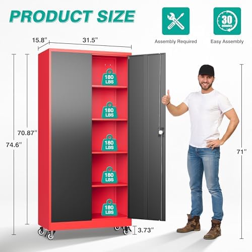 SISESOL 75" Tall Metal Storage Cabinet with Wheels,Rolling Garage Storag...