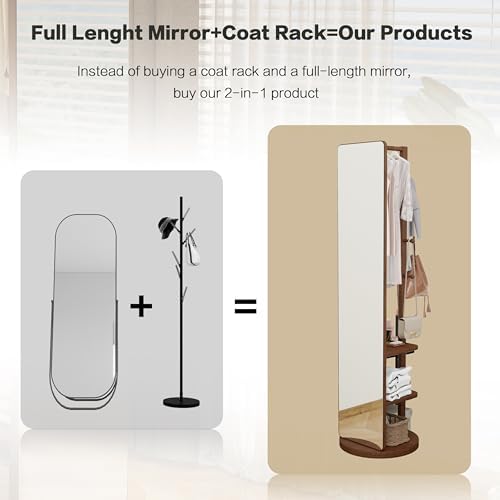 BOWEI Solid Wooden Coat Rack, Free Standing Coat Stand with Full Length mirro...