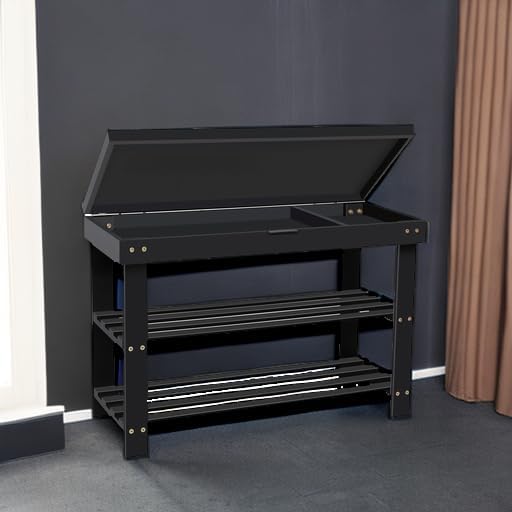 3-Tier Bamboo Shoe Rack Bench, Entryway Bench with Storage Drawer, Black
