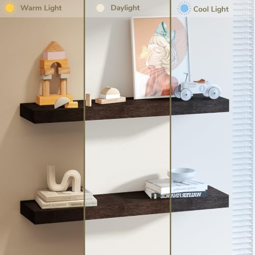 BAMEOS Solid Bamboo Floating Shelves, Set of 2 with Invisible Brackets, Natur...