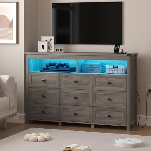 Wodeer 9 Drawer Dresser for Bedroom with LED Lights, Charging Station, Wood C...