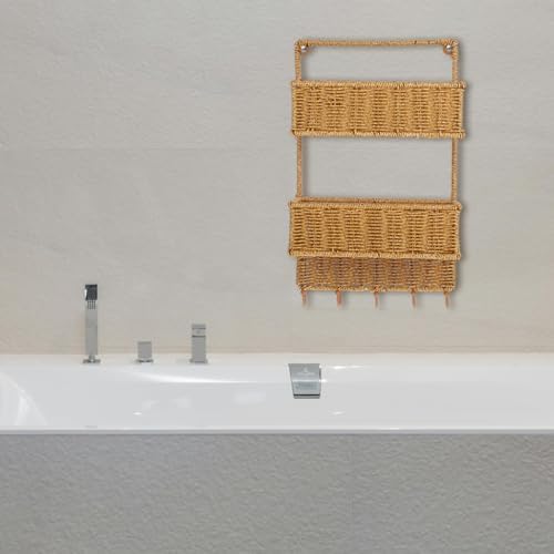 Angoily Woven Wall Mount 2-Tier Storage Sorter Basket with 5 Hooks Rattan Han...