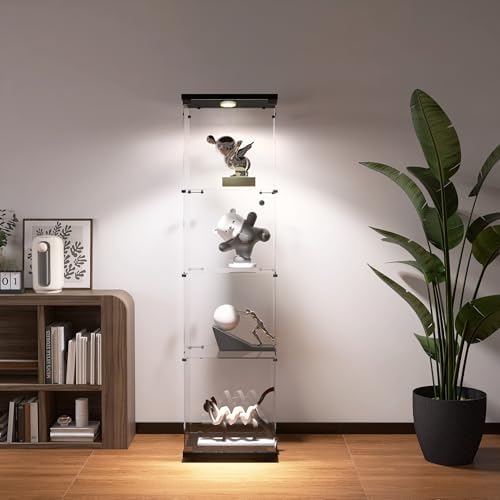 Glass Display Cabinet with Lights and Lock, 4-Tier Display Case Curio Cabinet...