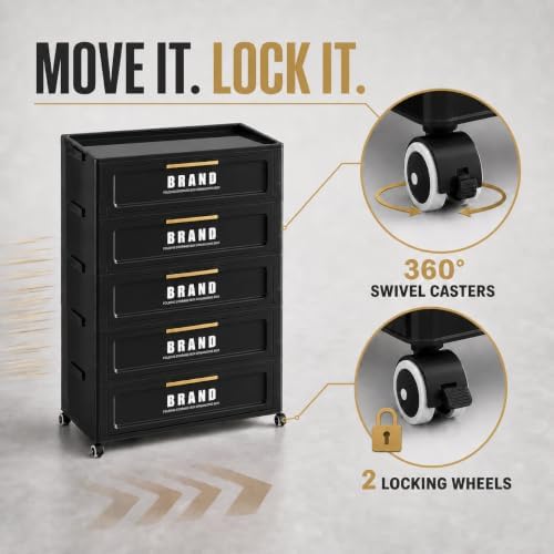 300QT Foldable Storage Cabinet with Doors and Locking Wheels, 5-Tier Heavy-Du...